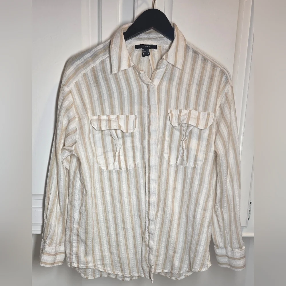 Beige Striped Button Down Shirt Lightweight Cotton Coastal Boho Oversized Top M